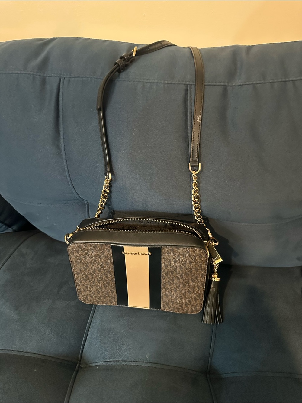 Michael Kors Brown Logo Crossbody with Black and Cream Center Stripe